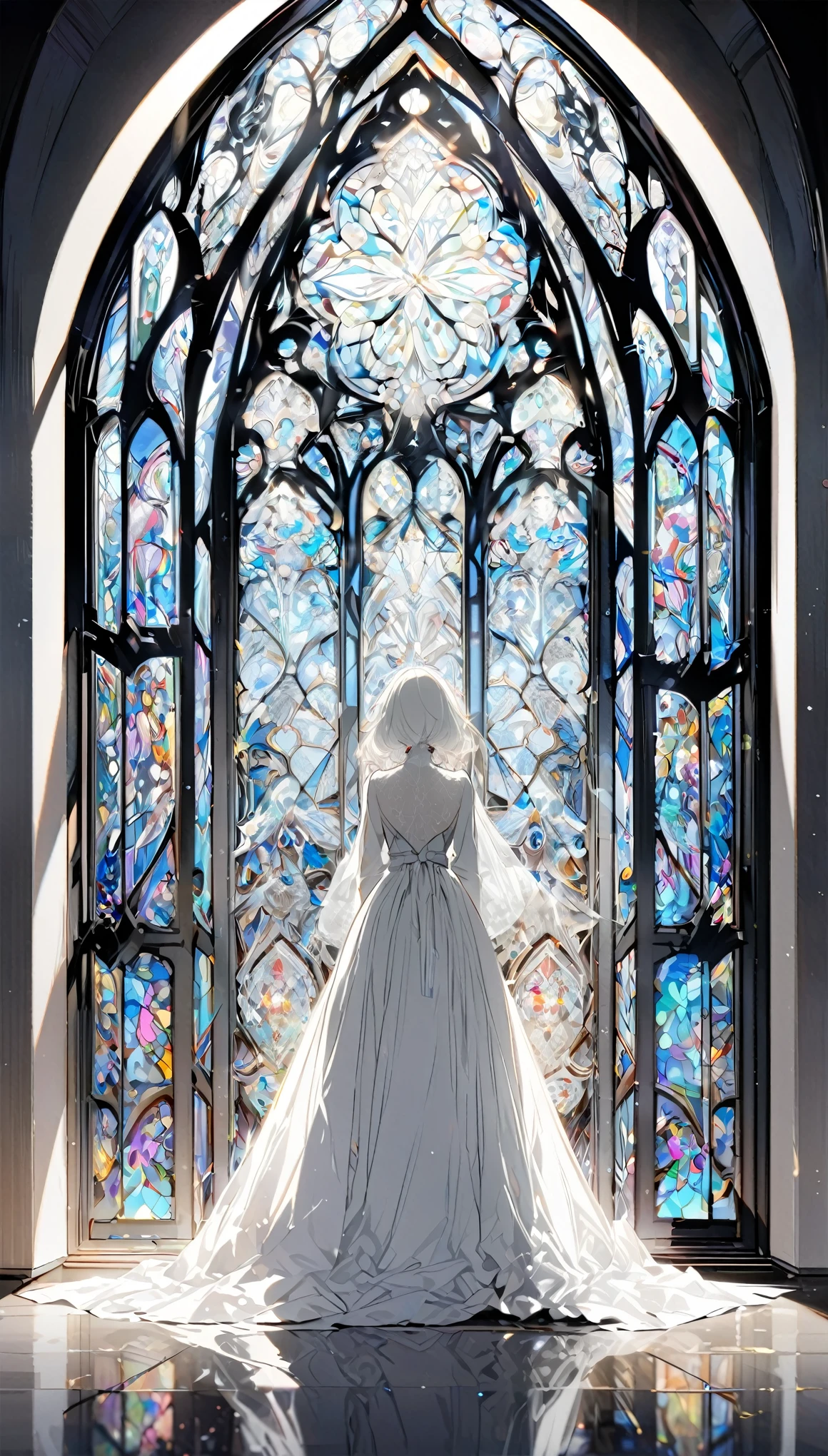 best quality, super fine, 16k, black and white stained glass window with delicate, complex, mysterious, and bold design, when you open the window, you are greeted by pure white world, colorless work of art