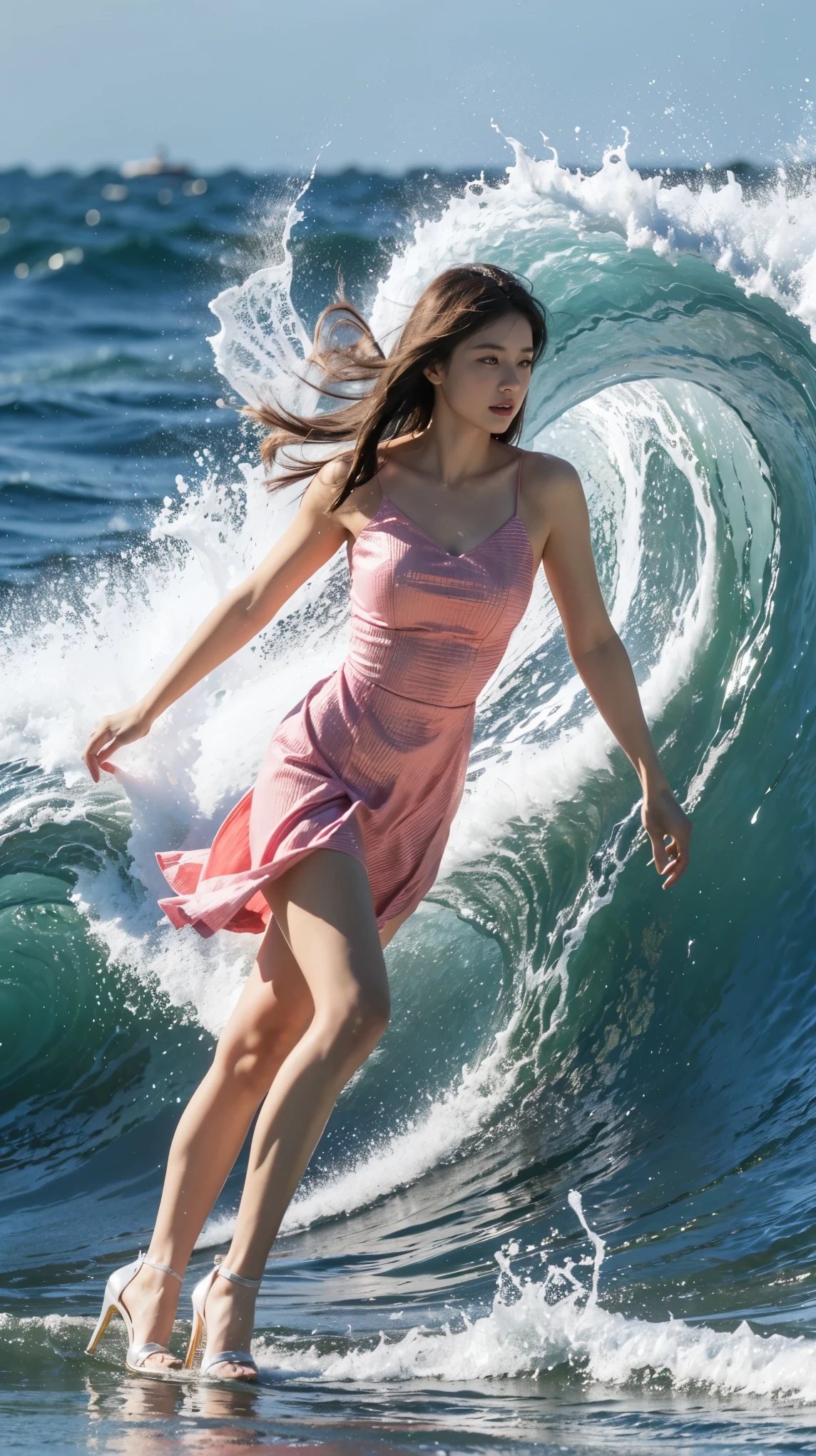 highest quality,masterpiece,Ultra-high resolution,(Actual:1.4),Original photo,Ultra-high resolution，8k，There are women，Fair skin，Exquisite makeup，Big waves，Pink Dress:1.5，，High heels，Long legs，Bright and beautiful，