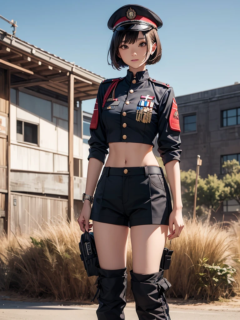 ((Three Women in short crop top soldier uniform)), soldier hat, military Shirt brooch, cargo pants, navel, 