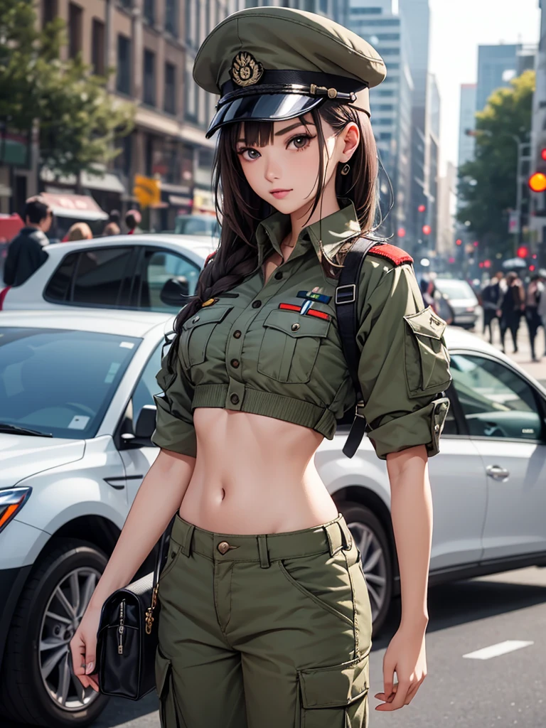 ((Three Women in short crop top soldier uniform)), soldier hat, military Shirt brooch, cargo pants, navel,