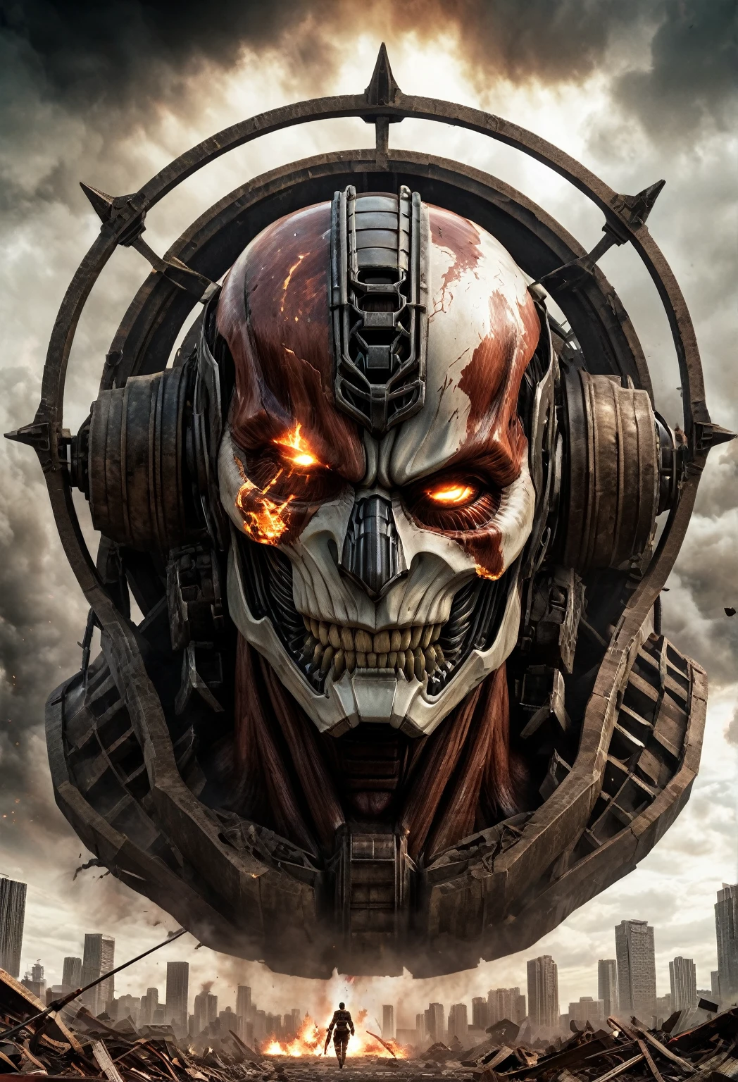 (best quality,4k,8k,highres,masterpiece:1.2),ultra-detailed,(realistic,photorealistic,photo-realistic:1.37),attack on titan art style,titan body,illustration texture,dramatic lighting,lifelike details,vivid colors,towering presence,massive proportions,giant humanoid figure,great power and strength,meticulously crafted muscles and veins,intricate titan facial features,dark and gritty atmosphere,ominous mood,ruined cityscape in the background,destroyed buildings and debris,shattered walls and remnants of humanity,collapsing structures,smoke and dust billowing,energetic and dynamic composition,movie poster vibes,breathtaking scale and impact,emphasize the terror and chaos,imposing and intimidating expression,engulfed in flames and destruction,desperation and survival,apocalyptic battlefield,emphasize the relentless and fierce nature of the titans,grand and epic narrative,overwhelming sense of danger and vulnerability,youthful and determined human characters,exquisite attention to detail in weaponry and gear,gritty and battle-worn costumes,extreme perspective angles,immersive and gripping storytelling.
