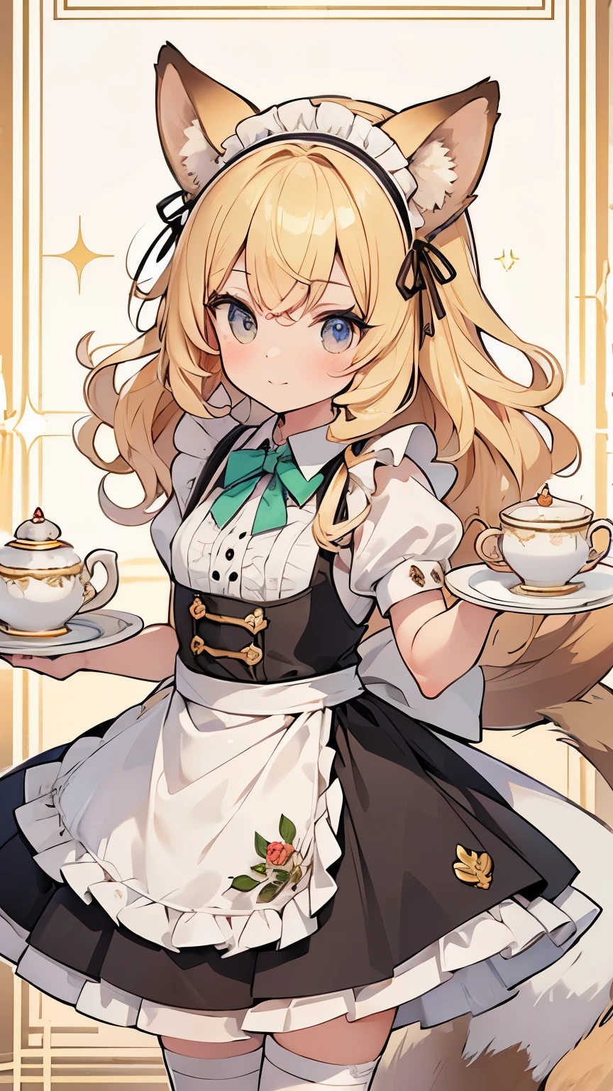 blonde hair, curly hair, hairband, squirrel ears, squirrel tail, Art Deco, sparkle, symmetry, pov, anatomically correct, textured skin, high details, best quality, super detail, maid, cute girl, tea time, colorful