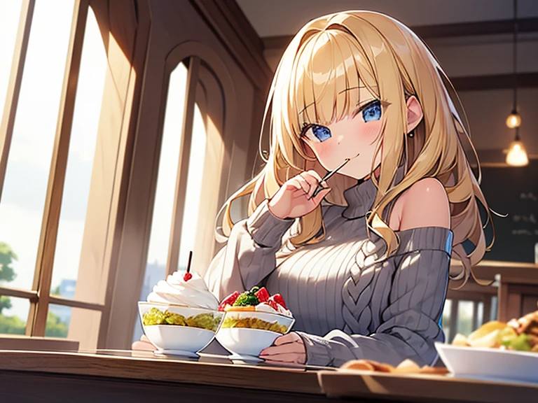 Masterpiece, Top quality, 1 beautiful girl, eating extreme parfait, blond Hair, medium hair, diagonal bangs, junior high school student, standard weight, Off-the-shoulder sweater, (happy:1.5) ,with heart-shaped eyes, beautiful scene of cafe,  blurry background, magnificent panorama view, dynamic pose, from below