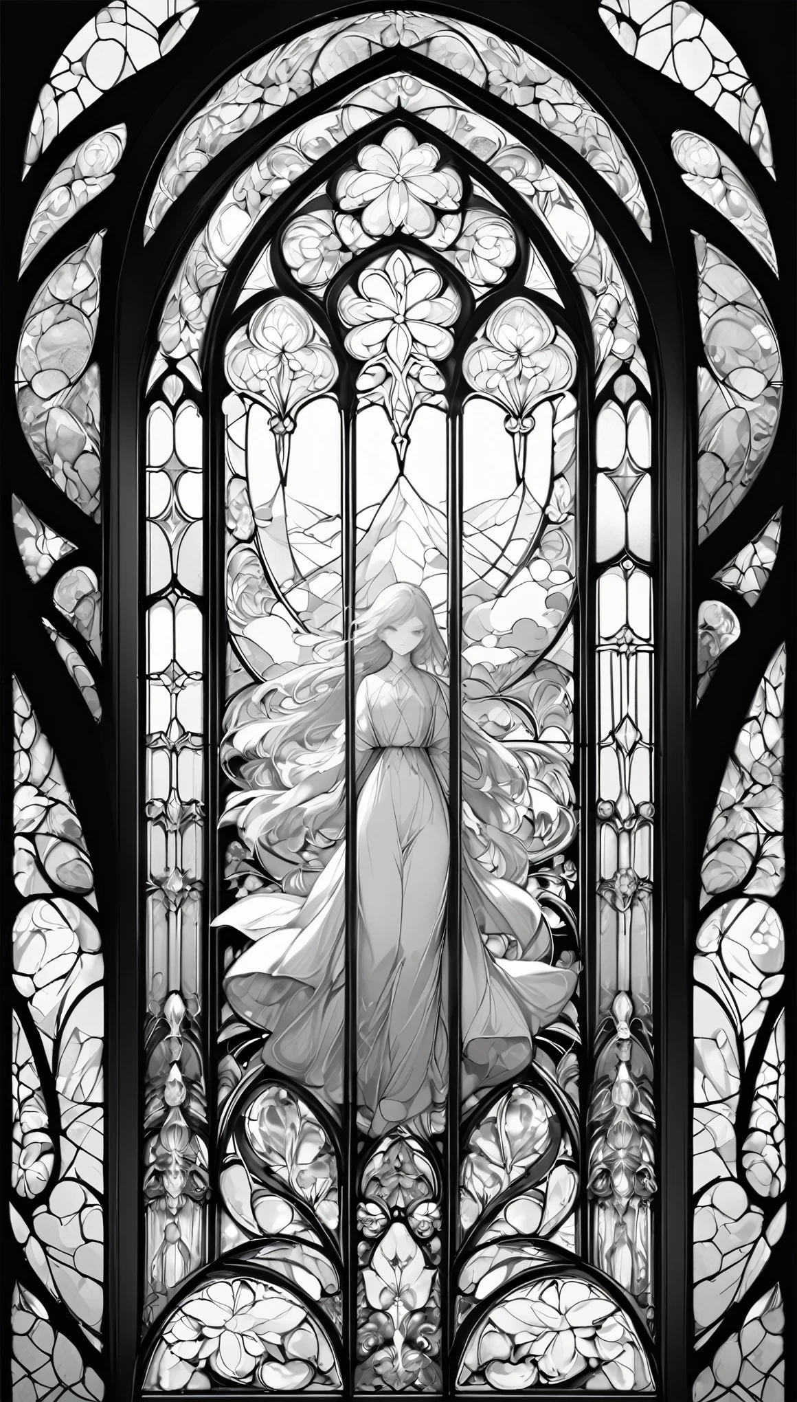 best quality, super fine, 16k, black and white stained glass window with delicate, complex, mysterious, and bold design, when you open the window, you are greeted by pure white world, colorless work of art