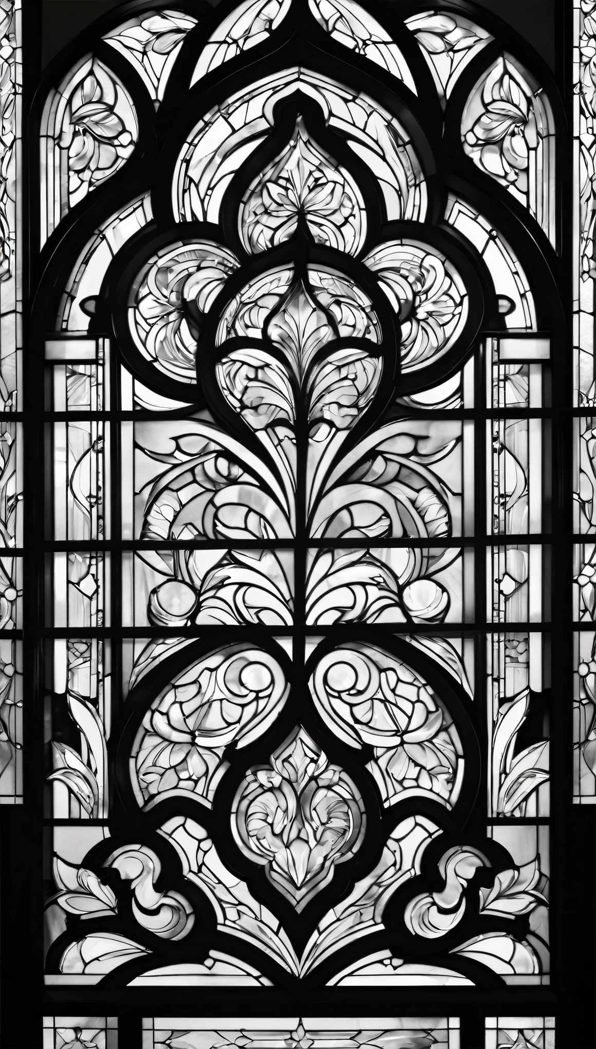 best quality, super fine, 16k, black and white stained glass window with delicate, complex, mysterious, and bold design, when you open the window, you are greeted by pure white world, colorless work of art