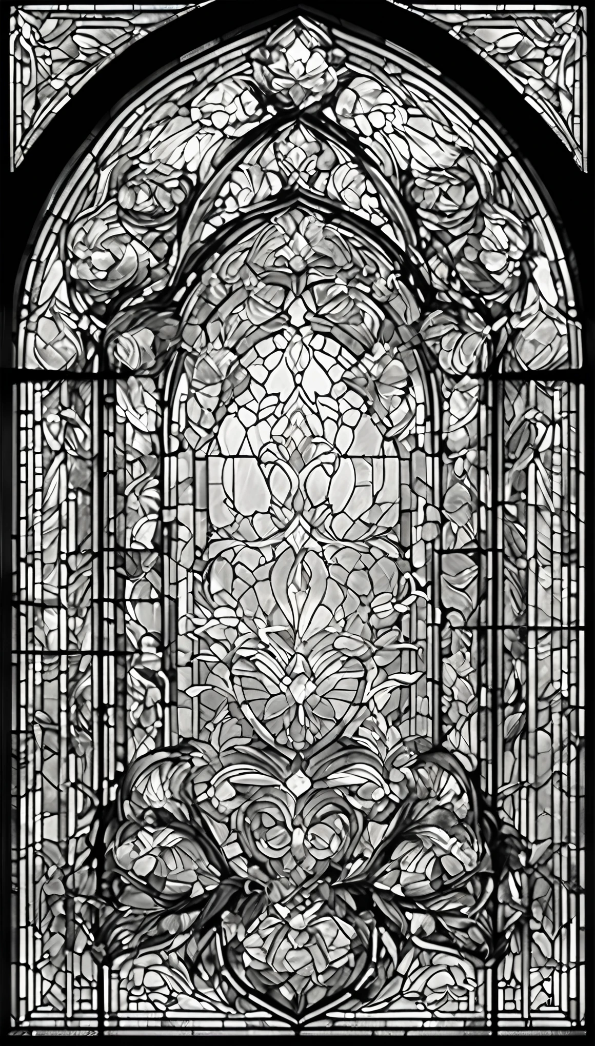 best quality, super fine, 16k, black and white stained glass window with delicate, complex, mysterious, and bold design, when you open the window, you are greeted by pure white world, colorless work of art