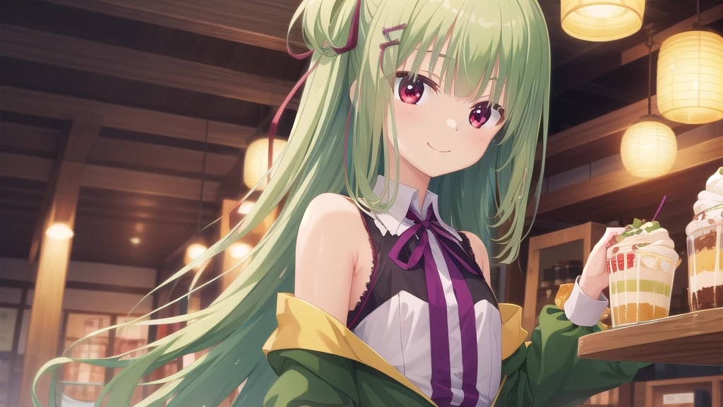 ((masterpiece)),(best quality),Official Art,Extremely detailed CG,Unity 8k Wallpaper,Super detailed,Beautiful and delicate eyes,Extremely detailed face,1 girl,solitary,,(whole body:1.5),(small:1.3),Smile,,Murasame,Very long hair,Green Hair,sides up,Purple bow,hairpin,Side Chain,Bangs,Red Eyes,Neck strap,Red belt,Hoori Dessert Shop,Matcha Parfait,Madame,Green coat