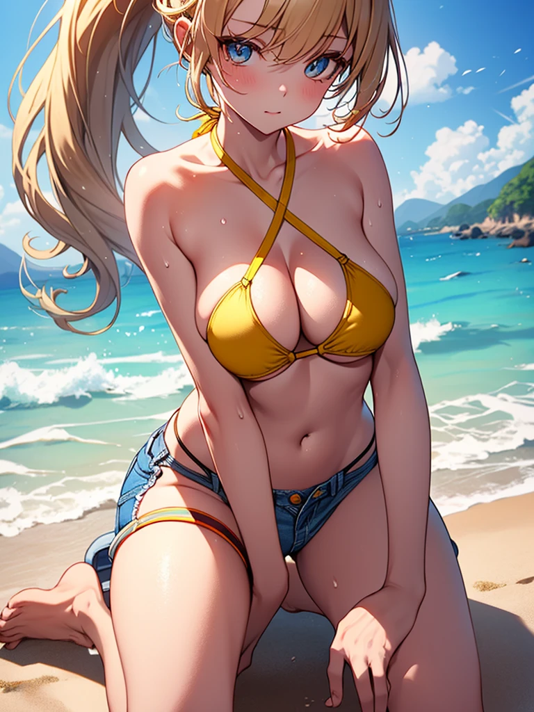 (highest quality, High resolution, perfect pixel, Depth of bounds written, 4K), beach, detailed eyes, (1 lady), tall, (skinny body:1.2), (thin thighs:1.2), (Narrow hips:1.2), large , blond hair, (ponytail:1.2), (yellow Short pants bikini:1.2), (unbutton:1.3), (cross halter bikini), (rio cut pants), (panty s1.3), (denim short panty:1.2), ling position on their hands and knees:1.2), (clear face), sweat,