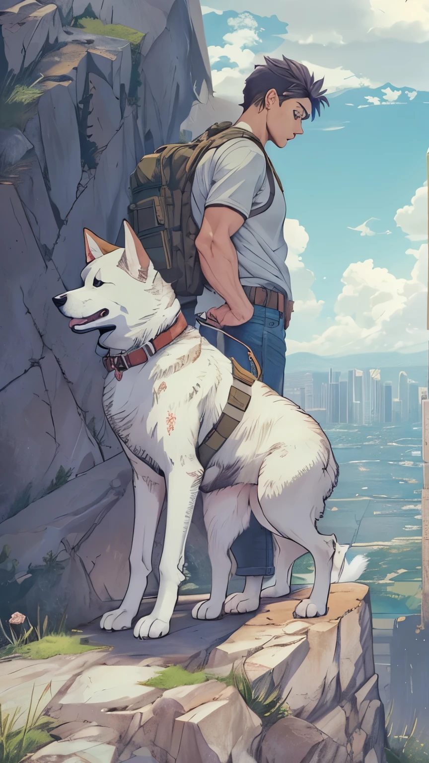 Best quality, masterpiece, manga art style, handsome 30-year old man, torn white tank top, military dogtags, sexy torn denim booty shorts, big round bubble butt, carrying backpack, standing on edge of a high rocky cliff overlooking a modern city, one white rose, he is facing the background, ((cute dog beside his feet looking up at him)), sunrise over the horizon, side view , full body, fill frame, cinematic lighting, cinematic shadows, homoerotic,