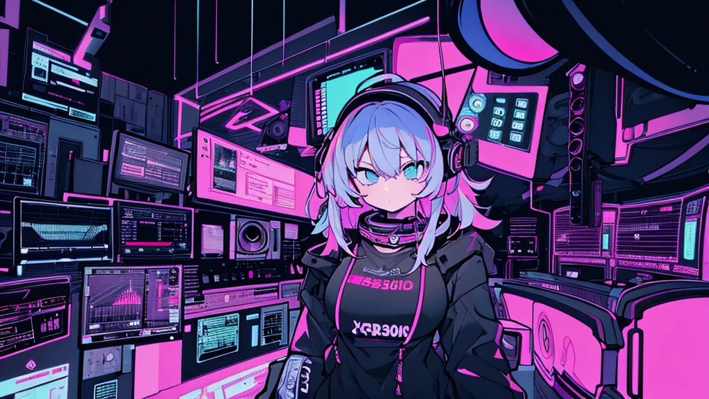 Best quality, (masterpiece:1.2), best detail face,1 girl, big breasts, 18 yo, 8k,absurdres,unity 8k wall paper,(extremely detailed:1.3), highest realistic, (headphones:1.1), (soft neon light:1.1), (floating hair:1.2), (psychedelic:1.2), Her room full of music equipment, loungewear, (((Roland TB-303 Synthesizer))), loose loungewear, Looks listless, See the whole room