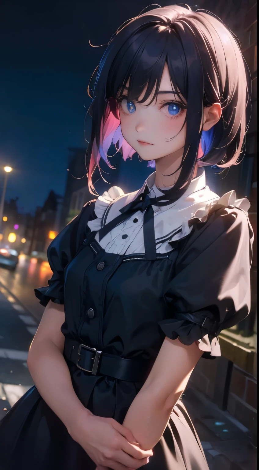 (gradient hair, dutch angle:1.3), grain du film, aberration chromatique, ville, Masterpiece, Best quality, Photo brute, photoreallistic, absurdes, 1fille, mignon, perspective, Tir de cowboy, high resolucion, Ultra detailded, Detailed eyes and face, pupilles pointues, realistic pupils, mise au point nette, summer, Nuit,