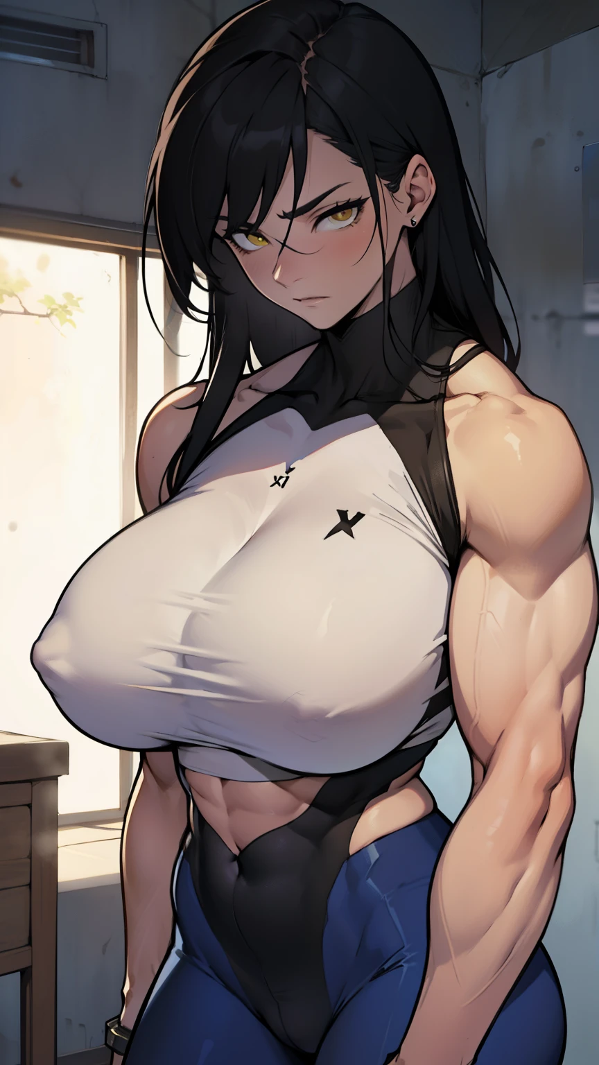 muscular muscular muscular huge huge breastsreasts thick hick pale skin black hair yellow eyes sad