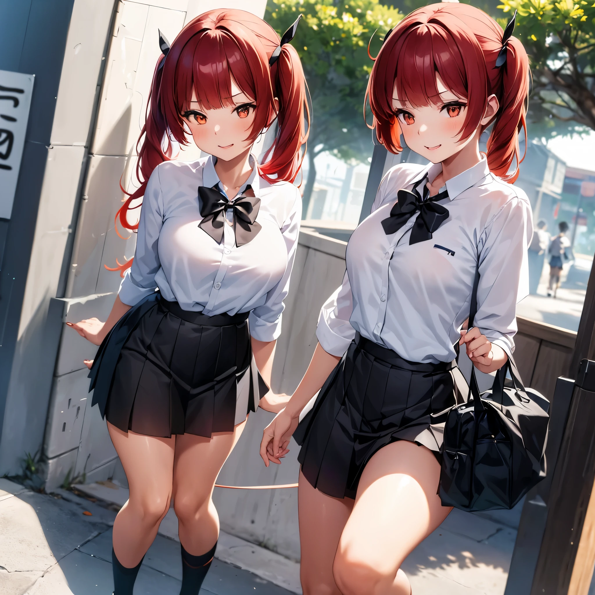 A woman wearing a white Japanese navy school shirt, a black tie, black skirt, black tights, black women's shoes, walking on an orange marble sidewalk of a traditional Japanese school, red hair, pigtails, black bow in her hair, orange eyes, smiling, full body. (solo woman), glow, drop shadow, flower, UHD, masterpiece, accurate, anatomically correct, textured skin, super detail, high quality, best quality, 8k, high resolution, bokeh effect.

