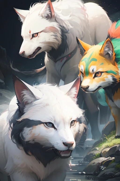 Close-up scene of a bunch of cartoon pokemon,Inspired by chaos。Concept illustrations in pixel art and Pokemon style,改造wild animals,wild animals,peaceful animal,animal illustrations,、(((Beautiful mixed species))),different kinds of animals,various species,diverse animals,peaceful coexistence,animal world,animal kingdom,animal art,combination of animals,harmonious animals,author:Maki Haku,animal kingdom插圖,species diversity,和平的wild animals,Peaceful creatures,Peaceful wilderness,natural harmony,mix of animals,wild animals的插圖