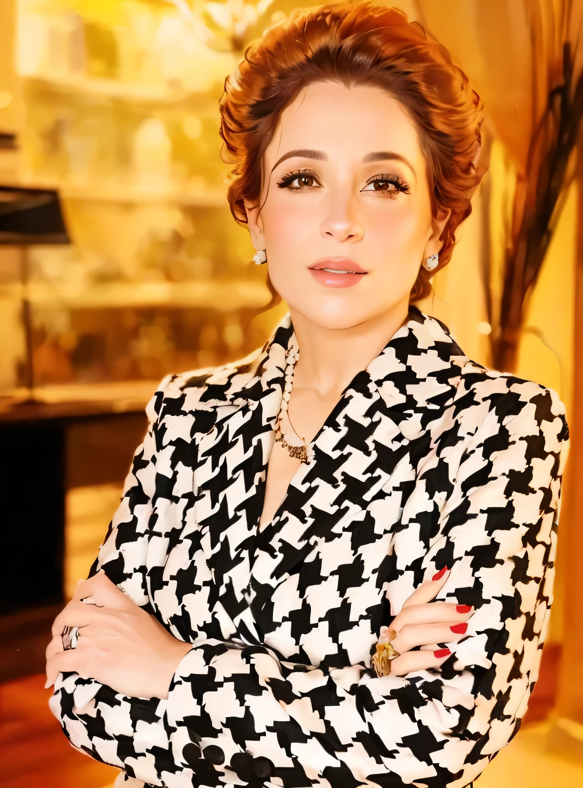 mulher arafada com uma jaqueta preta e branca e um colar, pilha de escova, embaralhamento dos namorados, magda torres gurza, por Eva Gonzales, Julia Fontes, fernanda suarez, Blanca Alvarez, Lorena Avarez, farida malik, by Verónica Ruiz de Velasco, tamara de lepika, olivia de bernardinis