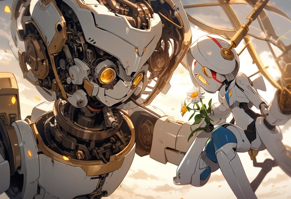 A clock work robot, humanoid, picks a flower and studies it