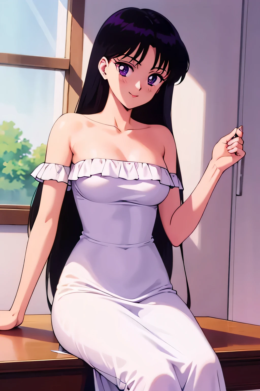 1 girl, solo, Rei Hino, Long Black Hair, Purple eyes, bare shoulders, strapless, off shoulders, white ruffle off the shoulder maxi dress, smile, ballroom, columns, cowboy shot, facing the viewer, absurdres, ultra detailed, masterpiece, best quality, r, window of a purple sundown, sitting on a chair