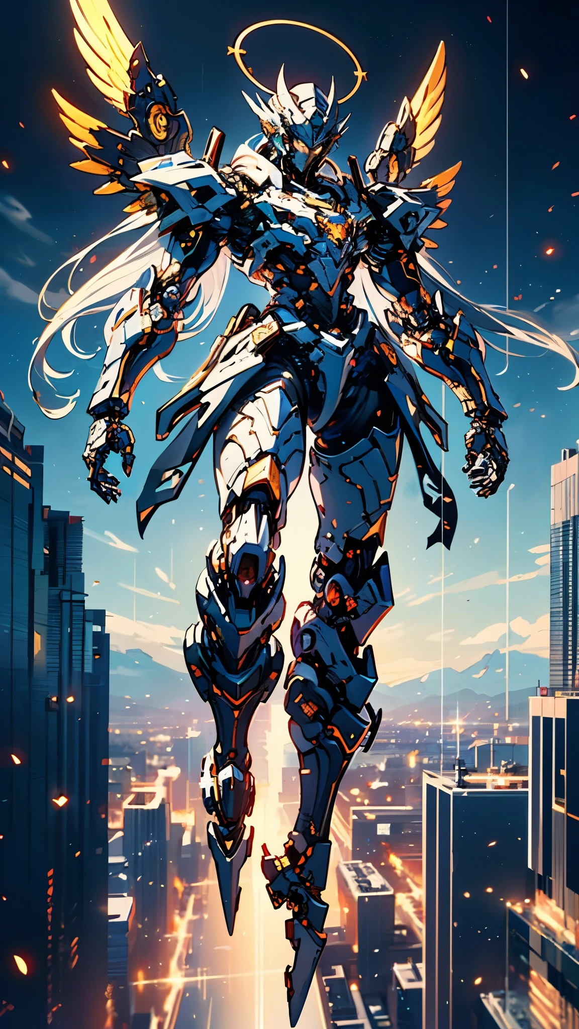 A man wearing a full-face helmet, a fantasy-style biotech armored combat suit, green eyes, (a composite layered chest armor), fully enclosed shoulder guards, matching arm and leg guards, the belt is adorned with Halo, (the color scheme is primarily white with red and blue accents), the design balances heavy with agility, a high-tech bio-mecha armor, (Armor Concept Inspired by Angel, stand on the top of a skyscraper in a futuristic sci-fi city), this character embodies a finely crafted fantasy-surreal style armored hero in anime style, exquisite and mature manga art style, (battle damage, element, plasma, energy, the armor glows), ((male:1.5)), metallic, real texture material, dramatic, high definition, best quality, highres, ultra-detailed, ultra-fine painting, extremely delicate, professional, perfect body proportions, golden ratio, anatomically correct, symmetrical face, extremely detailed eyes and face, high quality eyes, creativity, RAW photo, UHD, 32k, Natural light, cinematic lighting, masterpiece-anatomy-perfect, masterpiece:1.5