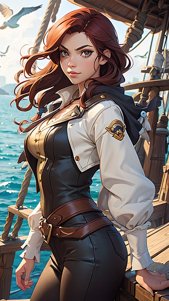Create an anime-style image of a young woman wearing pirate clothes with the following colors: blue, gold, and black. She is on the deck of an 18th-century pirate ship, with short red hair and brown eyes. She is happy. The image should have an anime style, influenced by overwatch, natural lighting, daylight, sea, seagulls, enhanced details, refined editing, vibrant colors, 4k resolution, good color fidelity, high quality, Canon quality, an improved image with maximum detail.