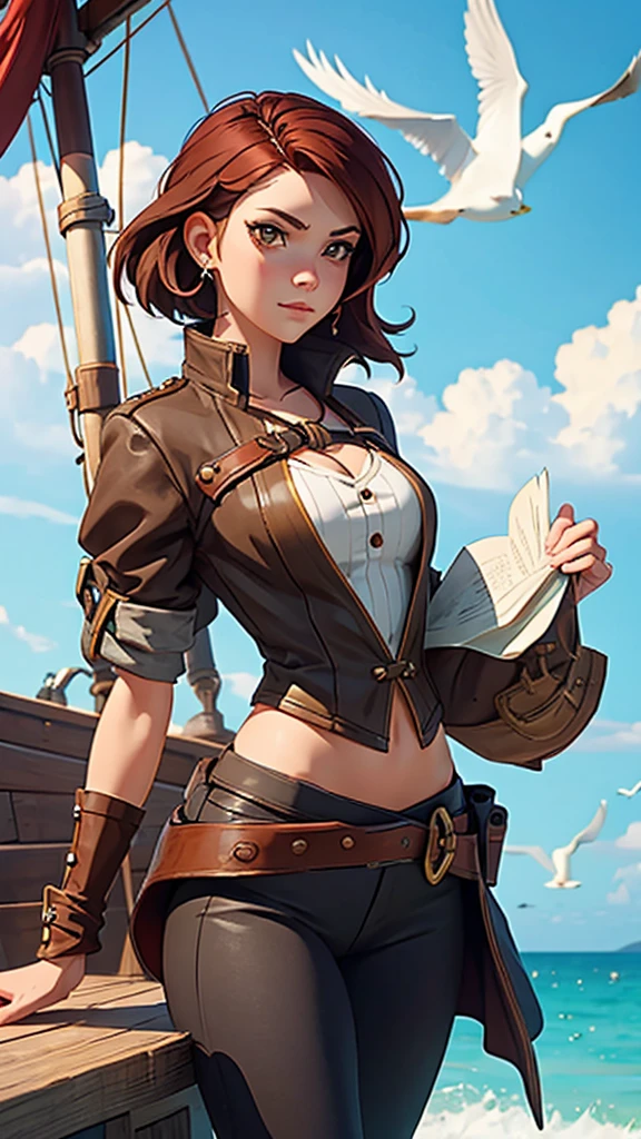 Create an anime-style image of a young woman wearing pirate clothes with the following colors: blue, gold, and black. She is on the deck of an 18th-century pirate ship, with short red hair and brown eyes. She is happy. The image should have an anime style, influenced by overwatch, natural lighting, daylight, sea, seagulls, enhanced details, refined editing, vibrant colors, 4k resolution, good color fidelity, high quality, Canon quality, an improved image with maximum detail.