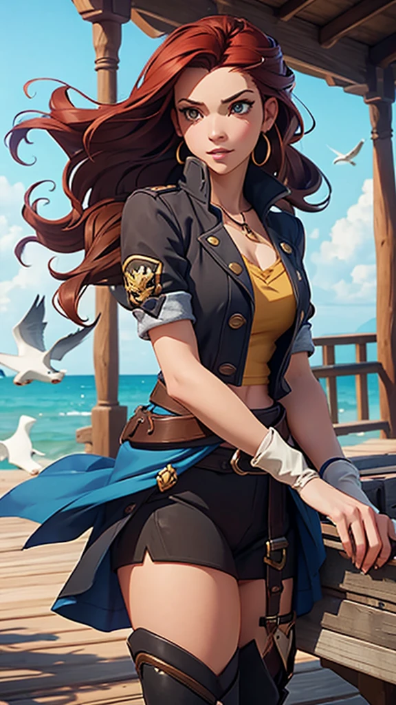 Create an anime-style image of a young woman wearing pirate clothes with the following colors: blue, gold, and black. She is on the deck of an 18th-century pirate ship, with short red hair and brown eyes. She is happy. The image should have an anime style, influenced by overwatch, natural lighting, daylight, sea, seagulls, enhanced details, refined editing, vibrant colors, 4k resolution, good color fidelity, high quality, Canon quality, an improved image with maximum detail.