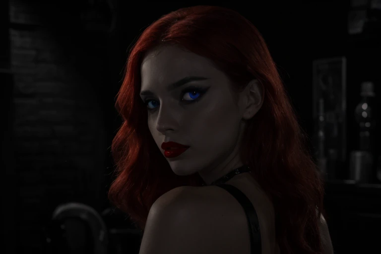 sincitydame woman spot color, ultra high quality high resolution raw photograph woman, (blue eyes:1.2) dressed as detective, (red lipstick:1.2)  sleazy dive bar, monochrome, male focus, parted lips, teeth, blurry, lips, looking to the side, depth of field, portrait, realistic, intricate background, high contrast full coloured portrait naked women perfect breast full nude 