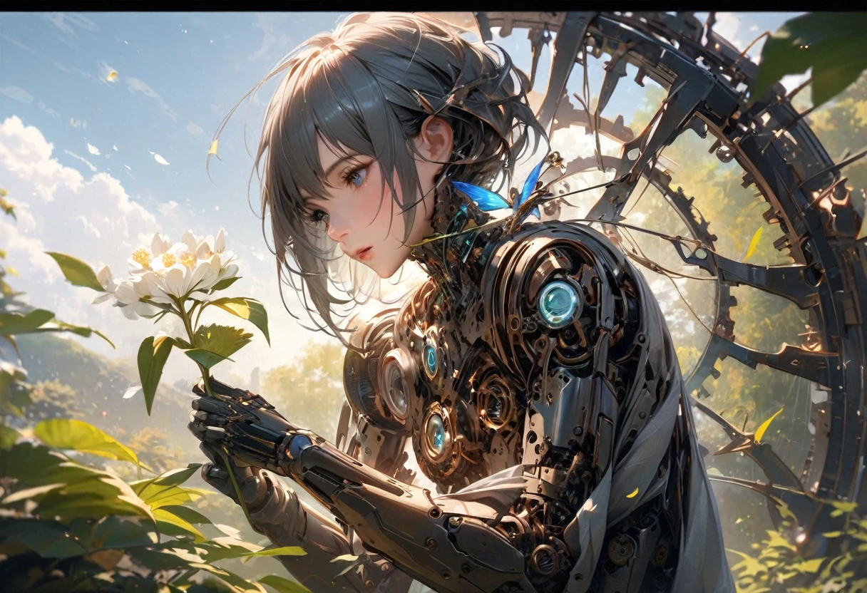 (highres,masterpiece:1.2),ultra-detailed,realistic,humanoid robot,picking a flower,studying a flower,detailed clockwork mechanism,shiny metal surface,delicate gears and screws,emitting gentle whirring sounds,sophisticated technology,meticulously designed joints and limbs,expressive humanoid face,curious and observant eyes,precision in movements and gestures,unique personality,examining the petals and stem,carefully analyzing the flower's structure,thorough inspection of each detail,analyzing the colors and patterns,admiring nature's beauty,blending man-made machinery with organic elements,a beautiful blue sky in the background,natural sunlight casting gentle shadows,soft breeze rustling nearby leaves,peaceful and tranquil garden setting,harmony of man-made and natural elements,a sense of wonder and discovery in the air,demonstrating the perfect symbiosis between technology and nature