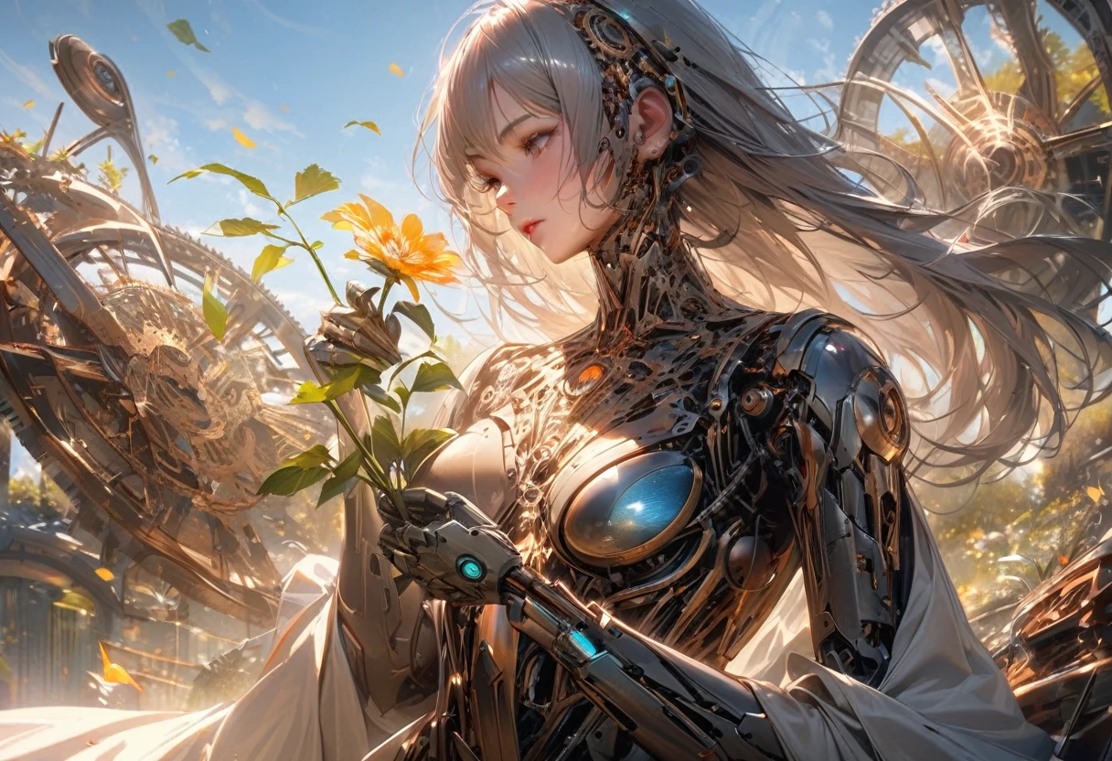(highres,masterpiece:1.2),ultra-detailed,realistic,humanoid robot,picking a flower,studying a flower,detailed clockwork mechanism,shiny metal surface,delicate gears and screws,emitting gentle whirring sounds,sophisticated technology,meticulously designed joints and limbs,expressive humanoid face,curious and observant eyes,precision in movements and gestures,unique personality,examining the petals and stem,carefully analyzing the flower's structure,thorough inspection of each detail,analyzing the colors and patterns,admiring nature's beauty,blending man-made machinery with organic elements,a beautiful blue sky in the background,natural sunlight casting gentle shadows,soft breeze rustling nearby leaves,peaceful and tranquil garden setting,harmony of man-made and natural elements,a sense of wonder and discovery in the air,demonstrating the perfect symbiosis between technology and nature