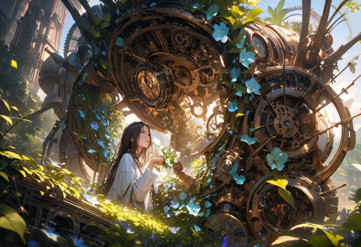 (highres,masterpiece:1.2),ultra-detailed,realistic,humanoid robot,picking a flower,studying a flower,detailed clockwork mechanism,shiny metal surface,delicate gears and screws,emitting gentle whirring sounds,sophisticated technology,meticulously designed joints and limbs,expressive humanoid face,curious and observant eyes,precision in movements and gestures,unique personality,examining the petals and stem,carefully analyzing the flower's structure,thorough inspection of each detail,analyzing the colors and patterns,admiring nature's beauty,blending man-made machinery with organic elements,a beautiful blue sky in the background,natural sunlight casting gentle shadows,soft breeze rustling nearby leaves,peaceful and tranquil garden setting,harmony of man-made and natural elements,a sense of wonder and discovery in the air,demonstrating the perfect symbiosis between technology and nature