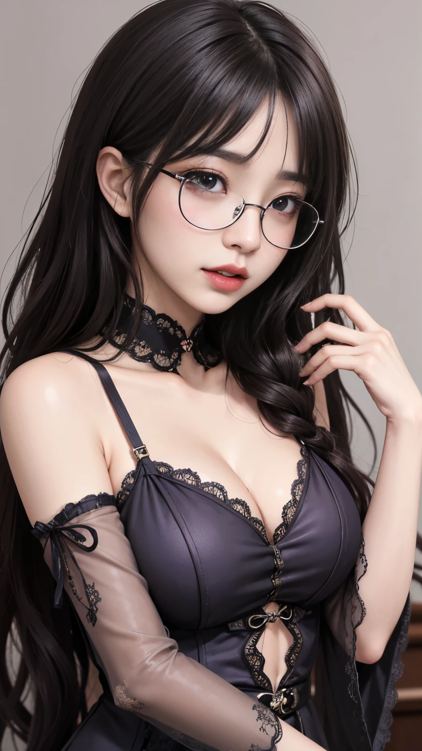 background(黒いnight空,Big Moon),Woman close up,Wearing a white shirt、((Black-rimmed glasses))、Purple Hair,Very long hair,very thick braids,Purple eyes,big , realistic girl rendering, 8k artistic german bokeh, Enchanting girl, Real Girls, Gurwitz, Gurwitz-style artwork, Girl Roleplay, Realistic 3D style, cgstation Popular Topics,, 8K Portrait Rendering,(truth,truth:1.4),巨big ,Sparkling eyes,Purple eyes、Captivating beauty、Attractive adult woman、Beautiful woman、Cool girl、evil female、brainwashingされた、brainwashing、Fallen into evil、Grin、邪evilな表現、邪evilな笑顔、evil、Brown Hair、Wavy Hair、Swept-apart bangs、Heavy makeup、Heavy makeup、Sharp Eye、Hollow Eyes,Half-closed eyes、Hollow Eyes、Purple Eyeshadow、Black lipstick、Black lip gloss、Long black cheongsam、Wide sleeves、night、Spooky Fortress Scenery Brush、Compensate、Are standing、