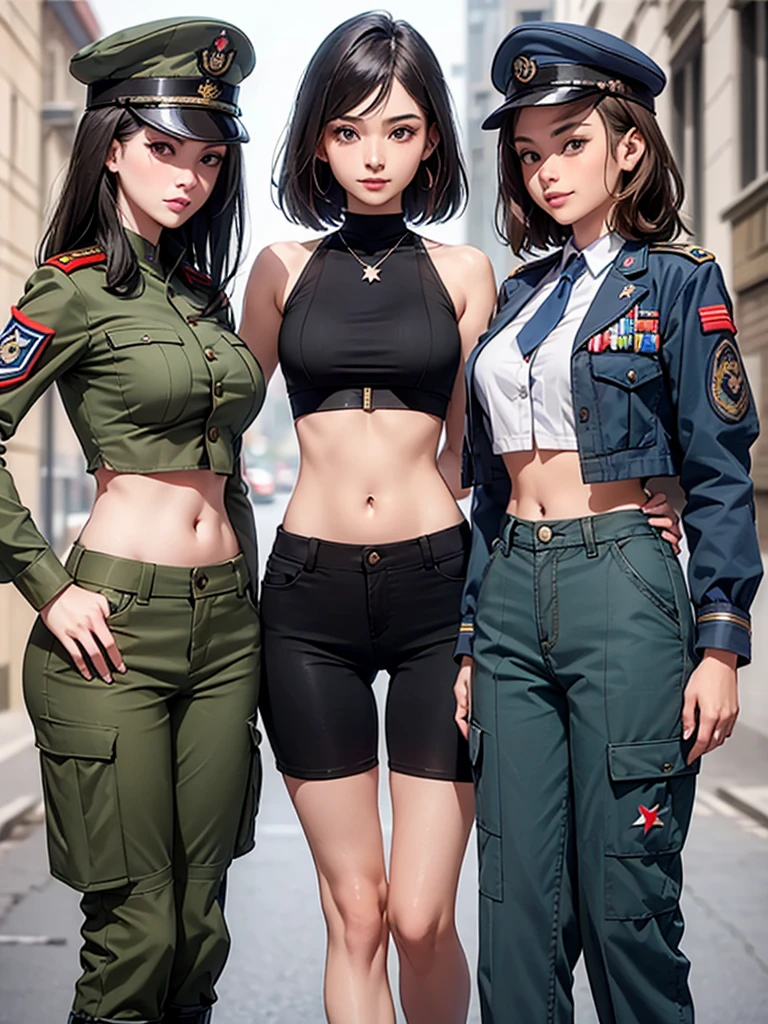 ((((Three Women in short crop top soldier uniform)))), soldier hat, military Shirt brooch, cargo pants, navel, 