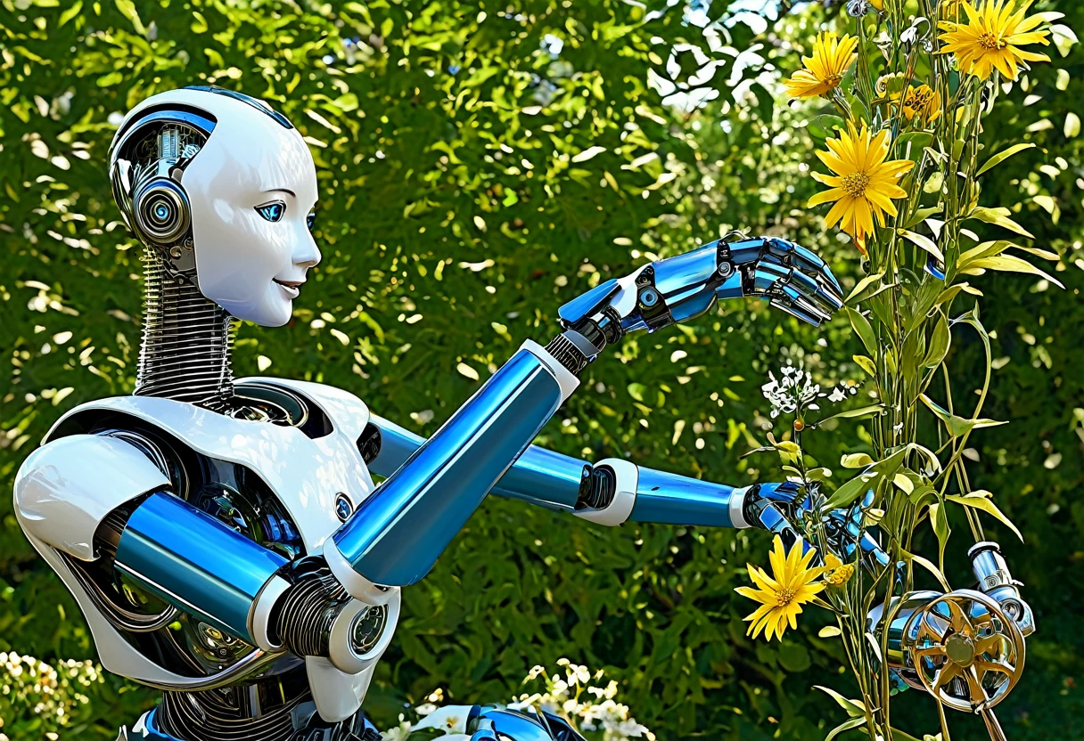 (highres,masterpiece:1.2),ultra-detailed,realistic,humanoid robot,picking a flower,studying a flower,detailed clockwork mechanism,shiny metal surface,delicate gears and screws,emitting gentle whirring sounds,sophisticated technology,meticulously designed joints and limbs,expressive humanoid face,curious and observant eyes,precision in movements and gestures,unique personality,examining the petals and stem,carefully analyzing the flower's structure,thorough inspection of each detail,analyzing the colors and patterns,admiring nature's beauty,blending man-made machinery with organic elements,a beautiful blue sky in the background,natural sunlight casting gentle shadows,soft breeze rustling nearby leaves,peaceful and tranquil garden setting,harmony of man-made and natural elements,a sense of wonder and discovery in the air,demonstrating the perfect symbiosis between technology and nature
