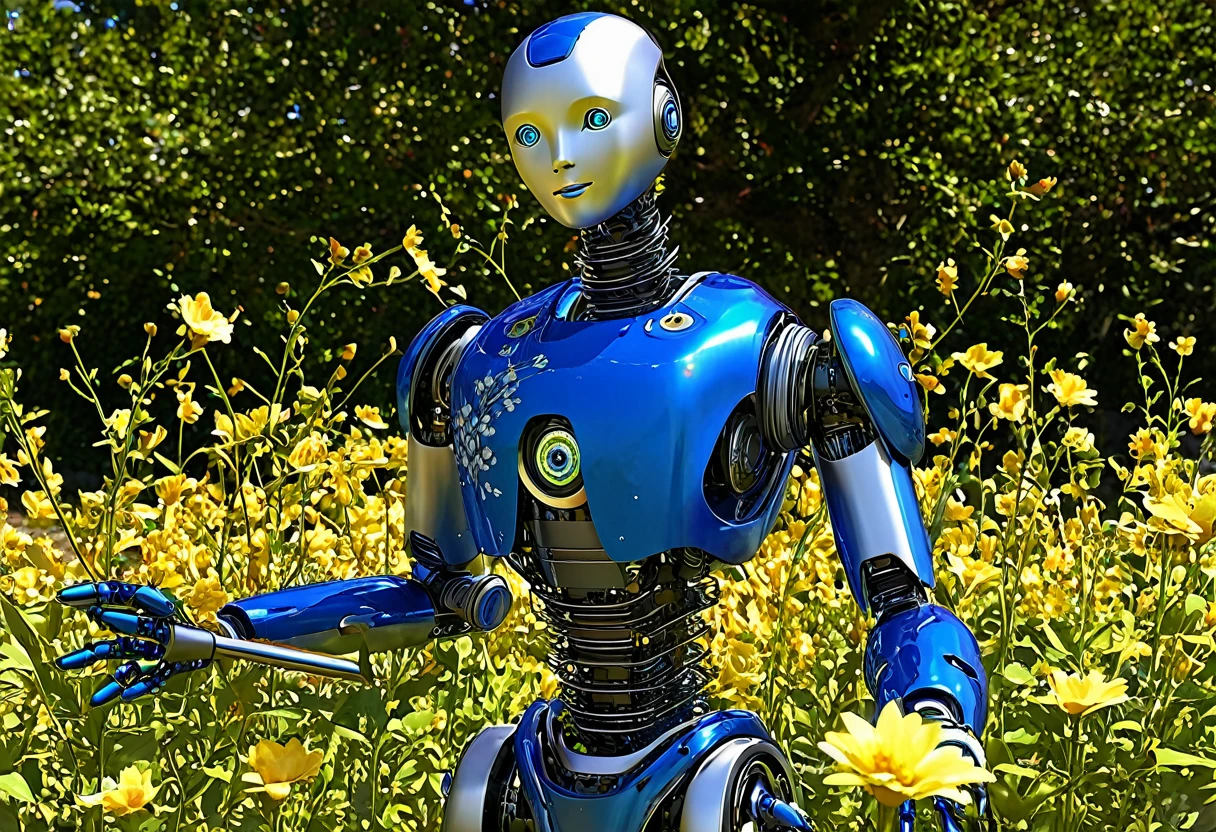 (highres,masterpiece:1.2),ultra-detailed,realistic,humanoid robot,picking a flower,studying a flower,detailed clockwork mechanism,shiny metal surface,delicate gears and screws,emitting gentle whirring sounds,sophisticated technology,meticulously designed joints and limbs,expressive humanoid face,curious and observant eyes,precision in movements and gestures,unique personality,examining the petals and stem,carefully analyzing the flower's structure,thorough inspection of each detail,analyzing the colors and patterns,admiring nature's beauty,blending man-made machinery with organic elements,a beautiful blue sky in the background,natural sunlight casting gentle shadows,soft breeze rustling nearby leaves,peaceful and tranquil garden setting,harmony of man-made and natural elements,a sense of wonder and discovery in the air,demonstrating the perfect symbiosis between technology and nature
