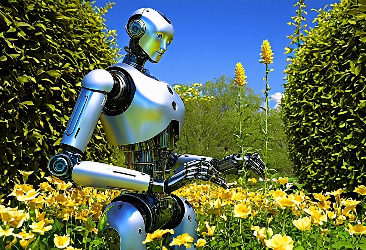 (highres,masterpiece:1.2),ultra-detailed,realistic,humanoid robot,picking a flower,studying a flower,detailed clockwork mechanism,shiny metal surface,delicate gears and screws,emitting gentle whirring sounds,sophisticated technology,meticulously designed joints and limbs,expressive humanoid face,curious and observant eyes,precision in movements and gestures,unique personality,examining the petals and stem,carefully analyzing the flower's structure,thorough inspection of each detail,analyzing the colors and patterns,admiring nature's beauty,blending man-made machinery with organic elements,a beautiful blue sky in the background,natural sunlight casting gentle shadows,soft breeze rustling nearby leaves,peaceful and tranquil garden setting,harmony of man-made and natural elements,a sense of wonder and discovery in the air,demonstrating the perfect symbiosis between technology and nature
