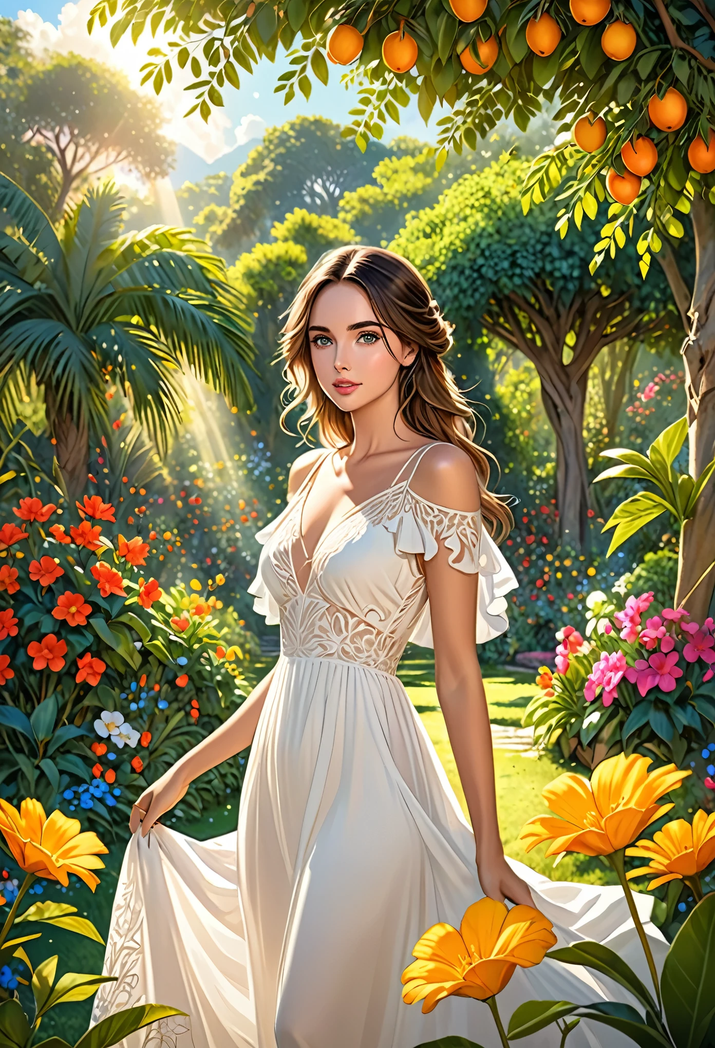 "Create a hand-drawn art style image of Ana de Armas in the Garden of Eden. She must be wearing an elegant and ethereal white dress, que complementa sua beleza natural. The Garden of Eden must be a lush paradise, with an abundance of colorful flowers, fruit trees and lush green vegetation. A cena deve ser iluminada por uma luz suave e celestial, giving a magical touch to the environment. Ana de Armas must be surrounded by this idyllic setting, with a serene expression full of admiration for the beauty around him. Art must capture the essence of an enchanted paradise, with intricate details and delicate lines. attention to the details. Olhos perfeitos."