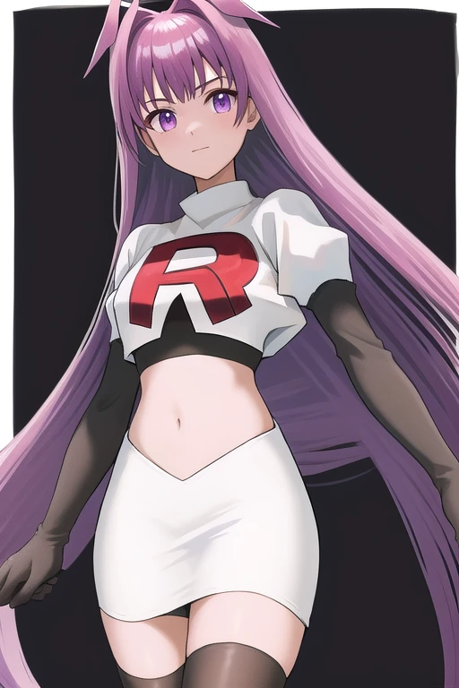 veyle_engage, 1girl, purple eyes, solo, team rocket,team rocket uniform,white skirt,red letter R,crop top,black thigh-highs,black elbow gloves