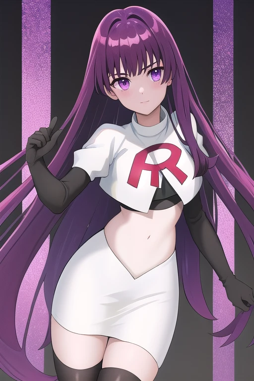 veyle_engage, 1girl, purple eyes, solo, team rocket,team rocket uniform,white skirt,red letter R,crop top,black thigh-highs,black elbow gloves