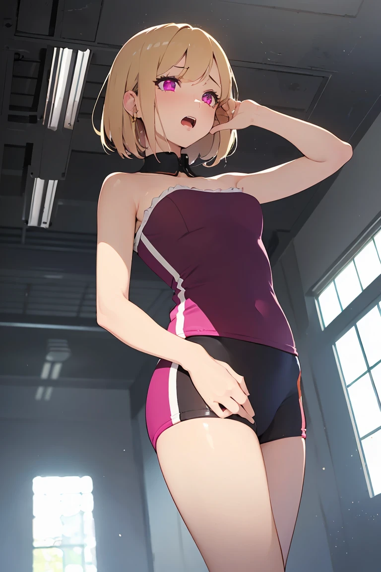 masterpiece, absurdres, best quality, ultra detailed, high Resolution, detailed illustration, bright colour, (extremely beautiful detailed face and eyes, Delicate beautiful face, 1 girl, cute face:1.3), (magenta eyes:1.1), sparkling eyes, big eyes, medium breasts, (perky breasts:1.1), (pointy breasts:1.1), medium hips, glamorous body, white skin, BREAK, long bob cut, (blonde hair:0.8), messy hair, detailed hair, shiny hair, BREAK (strapless mini training wear, down blouse:1.5), perfect lighting, (embarrassed:1.5), (ecstasy, vulgarity:1.5), (trembling:0.8), (View from below:1.5), training,