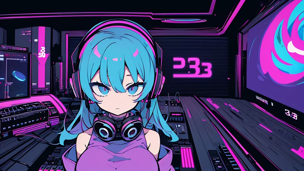 Best quality, (masterpiece:1.2), best detail face,1 girl, big breasts, 18 yo, 8k,absurdres,unity 8k wall paper,(extremely detailed:1.3), highest realistic, (headphones:1.1), (soft neon light:1.1), (floating hair:1.2), (psychedelic:1.2), Her room full of music equipment, loungewear, (((Roland TB-303 Synthesizer))), loose loungewear, Looks listless, See the whole room