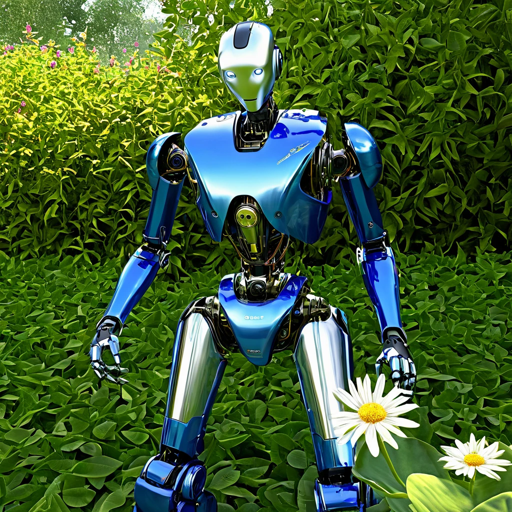 (highres,masterpiece:1.2),ultra-detailed,realistic,humanoid robot,picking a flower,studying a flower,detailed clockwork mechanism,shiny metal surface,delicate gears and screws,emitting gentle whirring sounds,sophisticated technology,meticulously designed joints and limbs,expressive humanoid face,curious and observant eyes,precision in movements and gestures,unique personality,examining the petals and stem,carefully analyzing the flower's structure,thorough inspection of each detail,analyzing the colors and patterns,admiring nature's beauty,blending man-made machinery with organic elements,a beautiful blue sky in the background,natural sunlight casting gentle shadows,soft breeze rustling nearby leaves,peaceful and tranquil garden setting,harmony of man-made and natural elements,a sense of wonder and discovery in the air,demonstrating the perfect symbiosis between technology and nature
