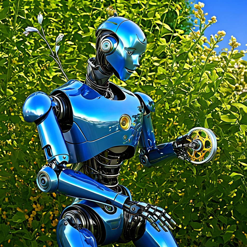 (highres,masterpiece:1.2),ultra-detailed,realistic,humanoid robot,picking a flower,studying a flower,detailed clockwork mechanism,shiny metal surface,delicate gears and screws,emitting gentle whirring sounds,sophisticated technology,meticulously designed joints and limbs,expressive humanoid face,curious and observant eyes,precision in movements and gestures,unique personality,examining the petals and stem,carefully analyzing the flower's structure,thorough inspection of each detail,analyzing the colors and patterns,admiring nature's beauty,blending man-made machinery with organic elements,a beautiful blue sky in the background,natural sunlight casting gentle shadows,soft breeze rustling nearby leaves,peaceful and tranquil garden setting,harmony of man-made and natural elements,a sense of wonder and discovery in the air,demonstrating the perfect symbiosis between technology and nature
