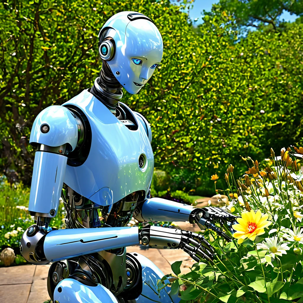 (highres,masterpiece:1.2),ultra-detailed,realistic,humanoid robot,picking a flower,studying a flower,detailed clockwork mechanism,shiny metal surface,delicate gears and screws,emitting gentle whirring sounds,sophisticated technology,meticulously designed joints and limbs,expressive humanoid face,curious and observant eyes,precision in movements and gestures,unique personality,examining the petals and stem,carefully analyzing the flower's structure,thorough inspection of each detail,analyzing the colors and patterns,admiring nature's beauty,blending man-made machinery with organic elements,a beautiful blue sky in the background,natural sunlight casting gentle shadows,soft breeze rustling nearby leaves,peaceful and tranquil garden setting,harmony of man-made and natural elements,a sense of wonder and discovery in the air,demonstrating the perfect symbiosis between technology and nature
