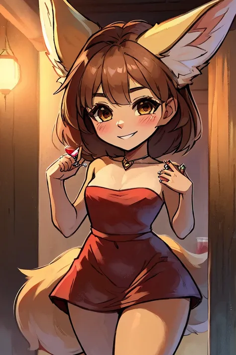 (a small female humanoid fennec fox with light brown hair and yellow fur), wearing a red cocktail dress, holding engagement ring