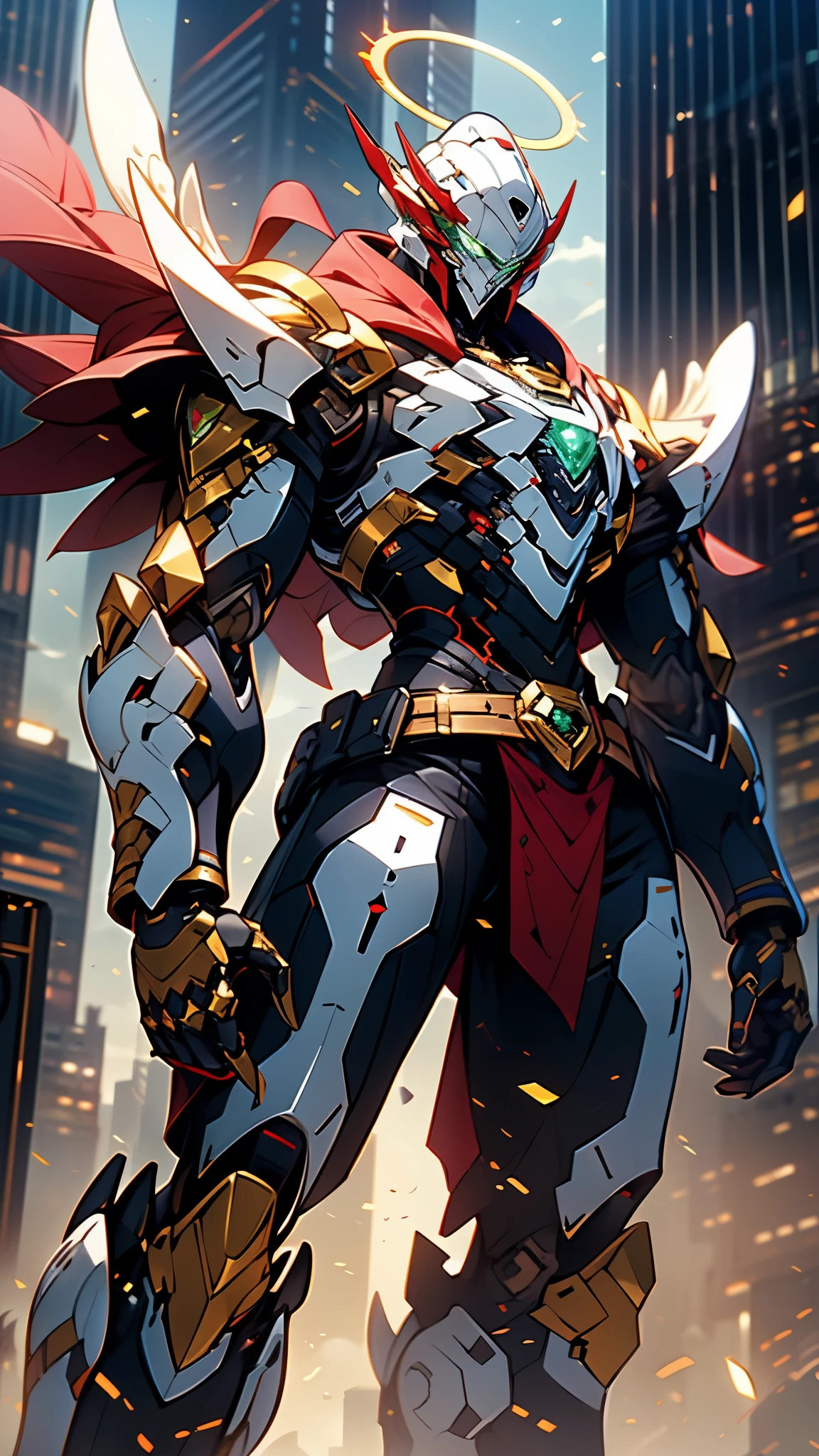 A man wearing a full-face helmet, a fantasy-style biotech armored combat suit, green eyes, (a composite layered chest armor), fully enclosed shoulder guards, matching arm and leg guards, the belt is adorned with Halo, (the color scheme is primarily white with red and blue accents), the design balances heavy with agility, a high-tech bio-mecha armor, (Armor Concept Inspired by Angel, stand on the top of a skyscraper in a futuristic sci-fi city), this character embodies a finely crafted fantasy-surreal style armored hero in anime style, exquisite and mature manga art style, (battle damage, element, plasma, energy, the armor glows), ((male:1.5)), metallic, real texture material, dramatic, high definition, best quality, highres, ultra-detailed, ultra-fine painting, extremely delicate, professional, perfect body proportions, golden ratio, anatomically correct, symmetrical face, extremely detailed eyes and face, high quality eyes, creativity, RAW photo, UHD, 32k, Natural light, cinematic lighting, masterpiece-anatomy-perfect, masterpiece:1.5