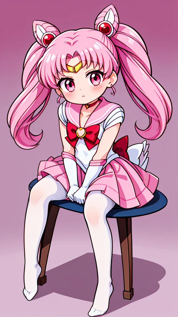 Sailor Moon，young年，，cute，Metal hairpins，（little girl），（LLoli），Pink Haible tail），Sailor Suit，Red bow，White elbow gloves，Red Skirt，No shoes，(White pantyhose)，(young)，(Small)，sit