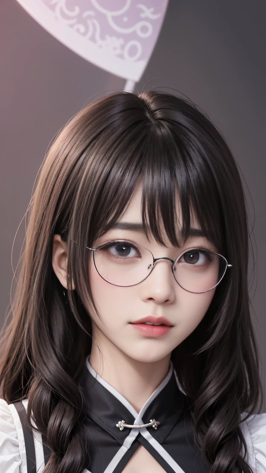 background(黒いnight空,Big Moon),Woman close up,Wearing a white shirt、((Black-rimmed glasses))、Purple Hair,Very long hair,very thick braids,Purple eyes,big , realistic girl rendering, 8k artistic german bokeh, Enchanting girl, Real Girls, Gurwitz, Gurwitz-style artwork, Girl Roleplay, Realistic 3D style, cgstation Popular Topics,, 8K Portrait Rendering,(truth,truth:1.4),巨big ,Sparkling eyes,Purple eyes、Captivating beauty、Attractive adult woman、Beautiful woman、Cool girl、evil female、brainwashingされた、brainwashing、Fallen into evil、Grin、邪evilな表現、邪evilな笑顔、evil、Brown Hair、Wavy Hair、Swept-apart bangs、Heavy makeup、Heavy makeup、Sharp Eye、Hollow Eyes,Half-closed eyes、Hollow Eyes、Purple Eyeshadow、Black lipstick、Black lip gloss、Long black cheongsam、Wide sleeves、night、Spooky Fortress Scenery Brush、Compensate、Are standing、