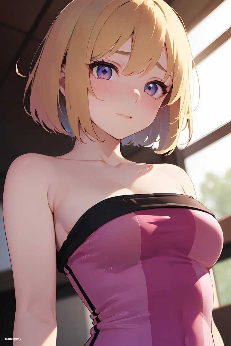 masterpiece, absurdres, best quality, ultra detailed, high Resolution, detailed illustration, bright colour, (extremely beautiful detailed face and eyes, Delicate beautiful face, 1 girl, cute face:1.3), (magenta eyes:1.1), sparkling eyes, big eyes, medium breasts, (perky breasts:1.1), (pointy breasts:1.1), medium hips, glamorous body, white skin, BREAK, long bob cut, (blonde hair:0.8), messy hair, detailed hair, shiny hair, BREAK (strapless mini training wear, down blouse:1.5), perfect lighting, (embarrassed:1.5), (ecstasy, vulgarity:1.5), (trembling:0.8), (View from below:1.5), training,