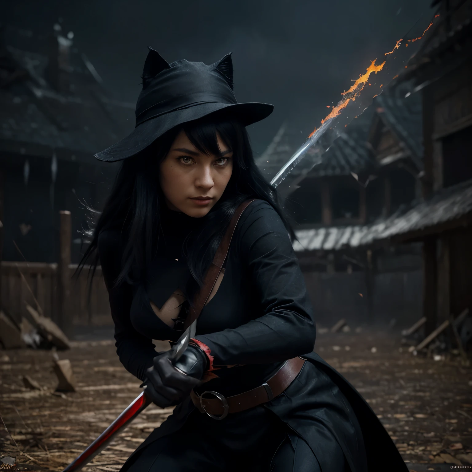 a black cat,Red eyes,wearing black hat,Wielding a long sword,(((Prepare to attack))),Pixar-style concept art, (role conception), fantasy art style,anime aesthetics, Realistic lighting depiction, intense close-up, saturated color ， （（（masterpiece）））， （（best quality））， （（intricate details））， （（Surreal））