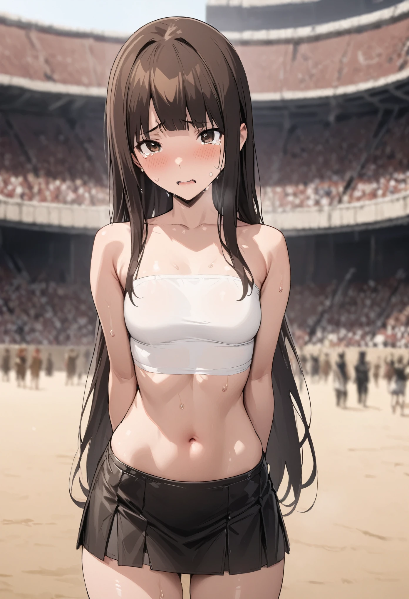 ((masterpiece, highest quality:1.2)),,cowboy shot,1woman、28-year-old beauty,Japanese、solo,((very small head)), BREAK ,long hair,dark brown hair,brown eyes,tears, BREAK ,((very long and slender body)),skinny,small breasts,oily skin,shiny skin,sweat:1.5,White tube top、bara shoulder、naked,navel、((black mini skirt))、arms behind back,Constraints、standing,spread legs、Ancient Arena、Coliseum、Outdoor、Spectators