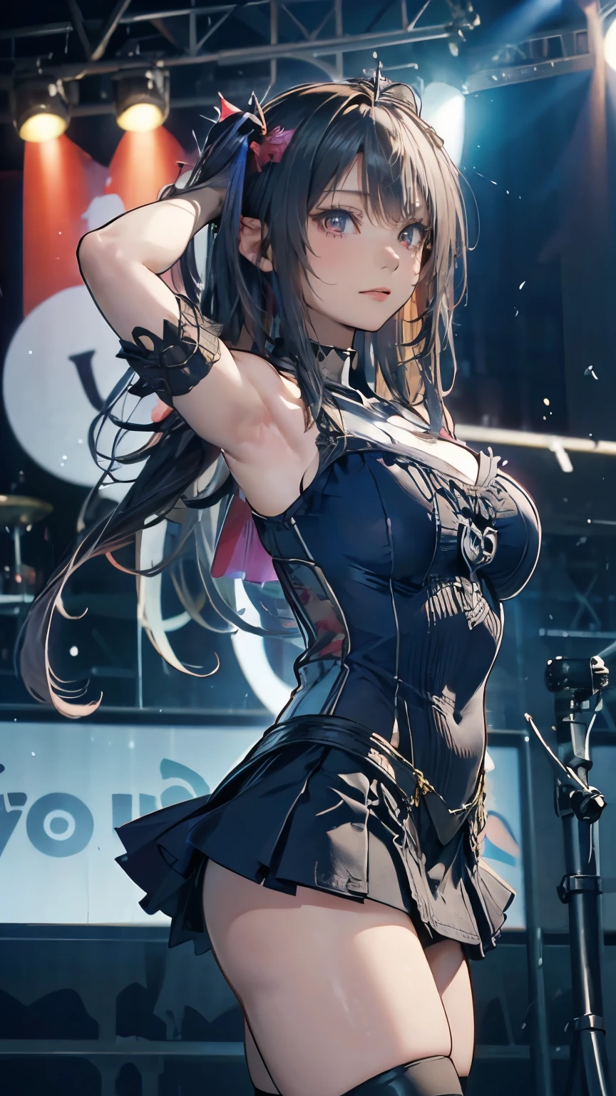 (Very delicate and beautiful:1.2)super model,,Big Breasts,Beautiful breasts,voluptuous,【bike shorts】,,【3girls】,,highest quality, High resolution, 8K,, Large Breasts,, Vivid details, ,Idol Group,mini skirt,With a gentle expression, he spreads his arms out to the audience.